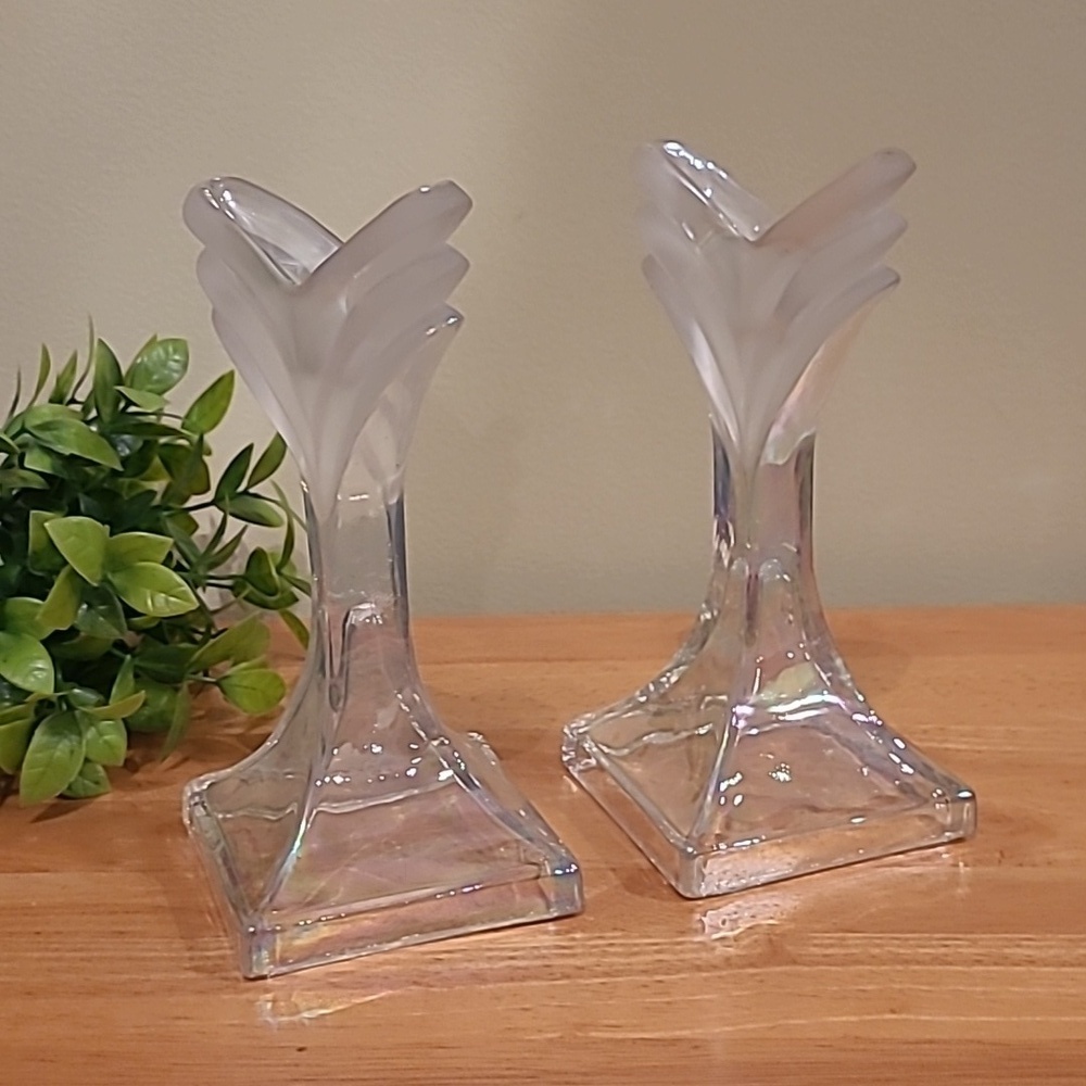 ART DECO Style Vintage Frosted and Iridescent Glass Taper Candle Holders